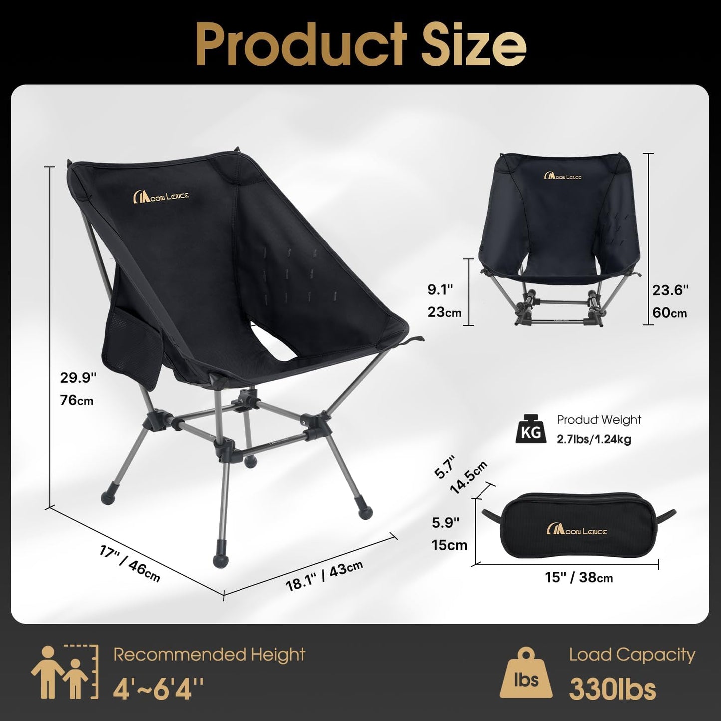 MOON LENCE Portable Camping Chair Plus, Larger & Roomier, Compact and Lightweight Still, Folding Chair for Backpacking & Hiking, 330Lbs Capacity (Black-2pack)