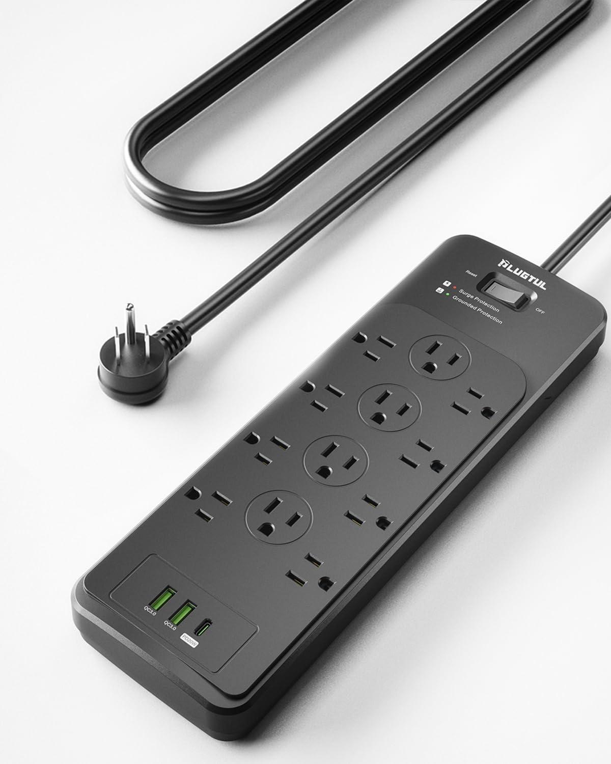 PLUGTUL Surge Protector Power Strip 25FT | Black Surge Protector with 12 Outlets - Spacious Design for Large Plugs, Flat Plug, 4080J, 20W USB C Charging, ETL Listed