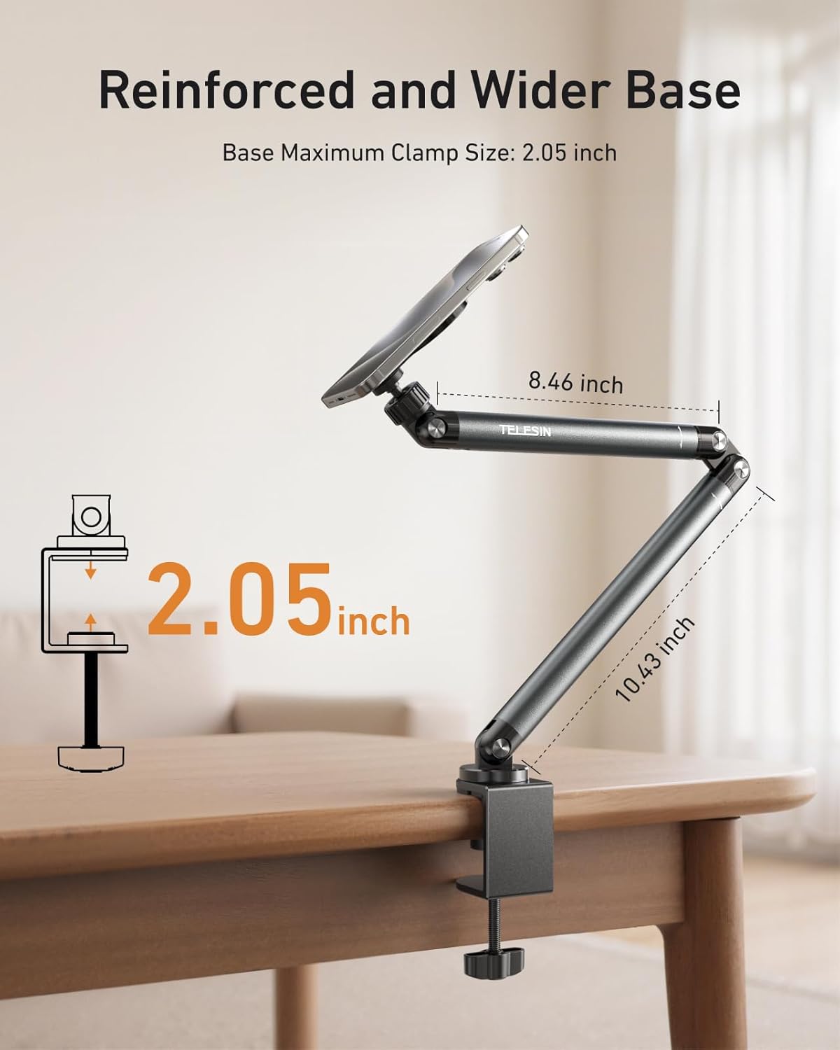 TELESIN Magnetic Phone Holder for Desk and Bed - Strong Magnetic - Tablet Stand Holder with Long Arm - 360° Freely Adjustable Rotation Base - Upgraded Silicone Clamp for iPhone, Android & IPad Series