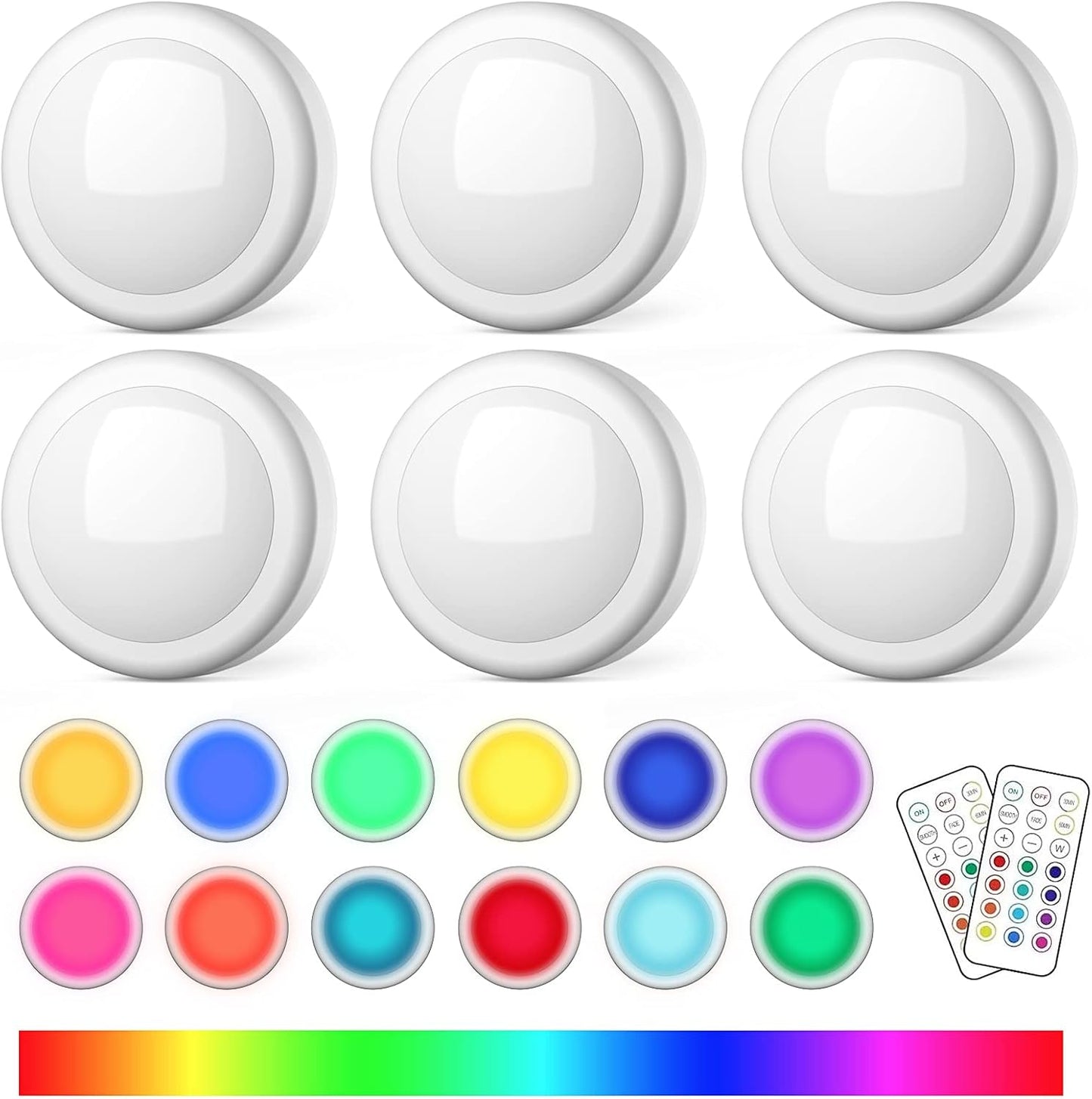 SEMSMOKS LED Puck Lights with Remote, Battery Operated -6 Pack | 13 Color RGB, Wireless Push Light, Under Cabinet, Battery Powered Puck Lights, 3M Stick On, For Bedroom Closet Cabinet