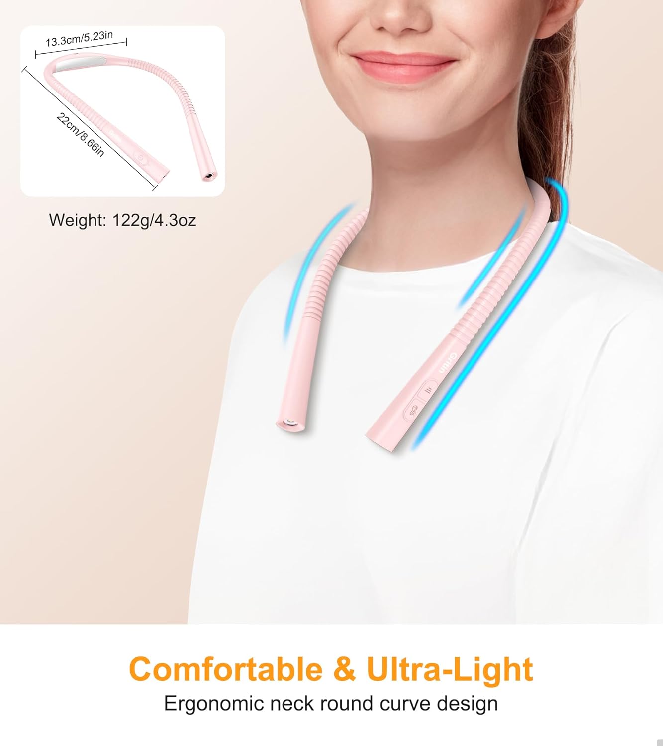 Gritin Book Light, Eye Caring 4-Color & 5-Brightness Neck Light Reading Light- Stepless Dimming,30-min Timer,80+ Hrs Runtime,Bendable Round Neck Design, Lightweight for Reading-Pink