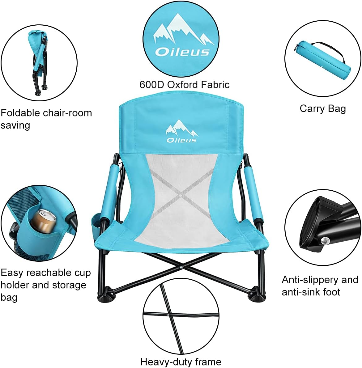 Oileus Low Beach Chair for Beach Tent/Shelter/Camping/Outdoor Ultralight Backpacking Folding Recliner Chairs with Cup Holder/Storage Bag, Carry Bag, Breeze Mesh Back, Compact Duty 2 Pcs