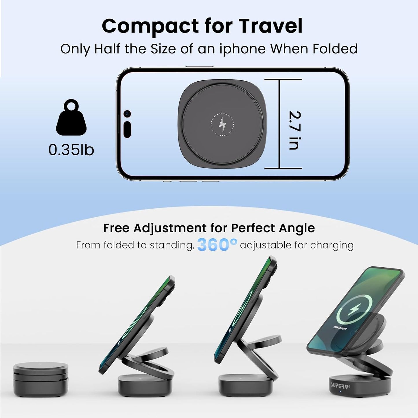 SUPERV 3-in-1 Wireless Charging Station: Charger Stand for Multiple Devices for Apple - iPhone 17/16/15/14/13/12 Series, Apple Watch, Airpods, Portable Travel Charging Station (Black)