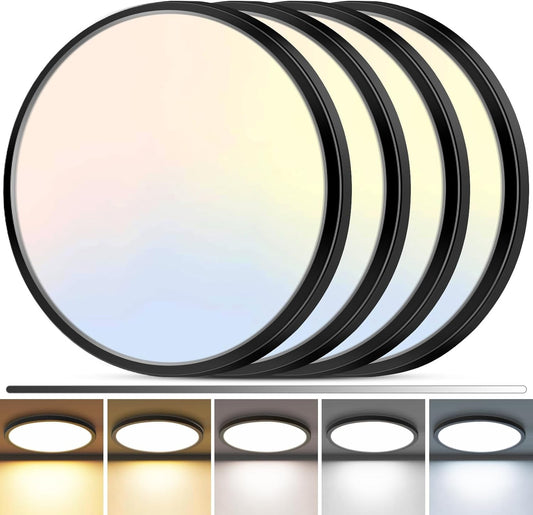 zemty 4Pack LED Flush Mount Ceiling Light, 12 Inch 24W Dimmable Round Ceiling Fixture, Black Low Profile Hardwired Ceiling Lamp for Bedroom, Kitchen, Hallway & Bathroom