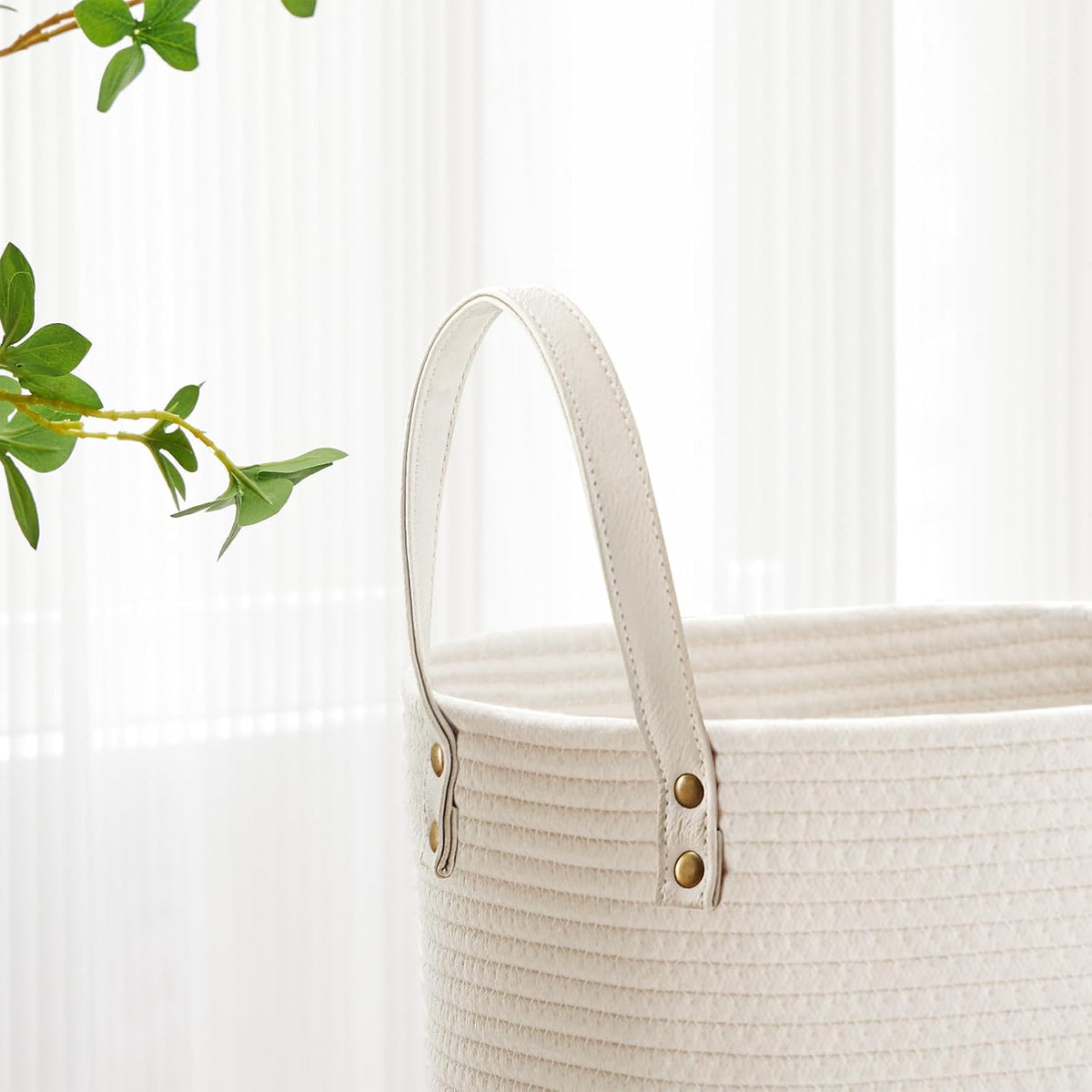 VIPOSCO 53L Tall Woven Rope Laundry Hamper, Leather Handles, White