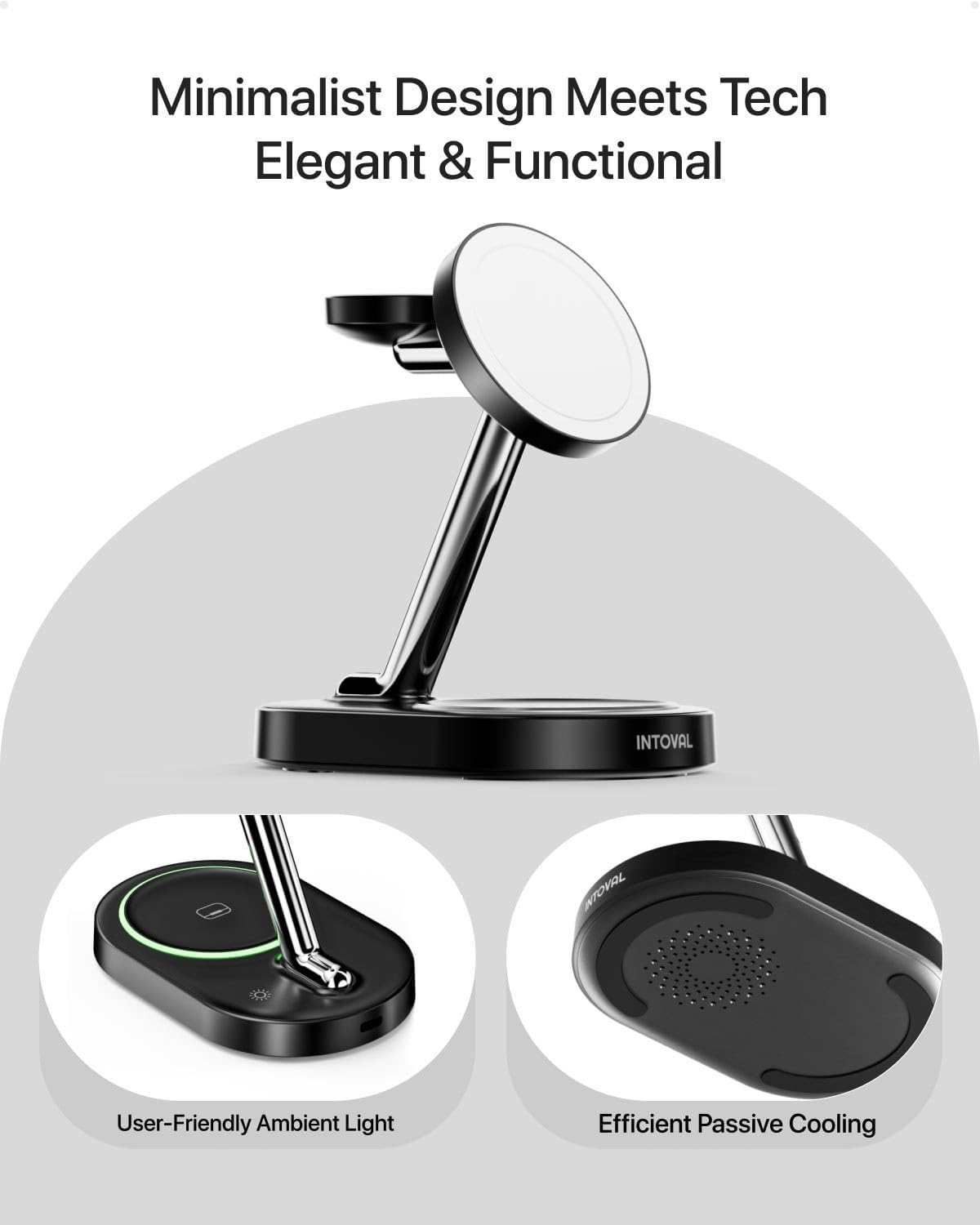 Charging Station for MagSafe Charger,Wireless Charging Station for iPhone MagSafe Charger,Intoval 3 in 1 Fast Magnetic Stand for iPhone 16/15/14/13 Apple Watch 10, Airpods. (Black)