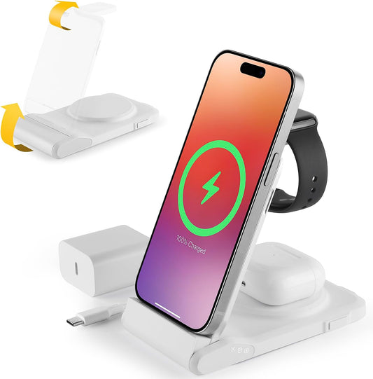 3 in 1 Charging Station for Multiple Devices,Travel Wireless Charging Station, Foldable Charger for iPhone 17 Air 16 15 14 13 12 Series,& Android Phone,& iWatch (USB-C Adapter Included)
