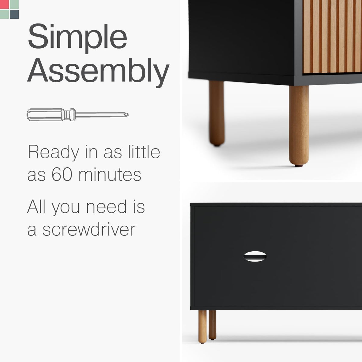 Stead Modern Fluted TV Stand & Media Console - 70-Inch, Fluted Black & Oak - Entertainment Center for 32-80-Inch Screens with Soft-Close Doors & Cord Management