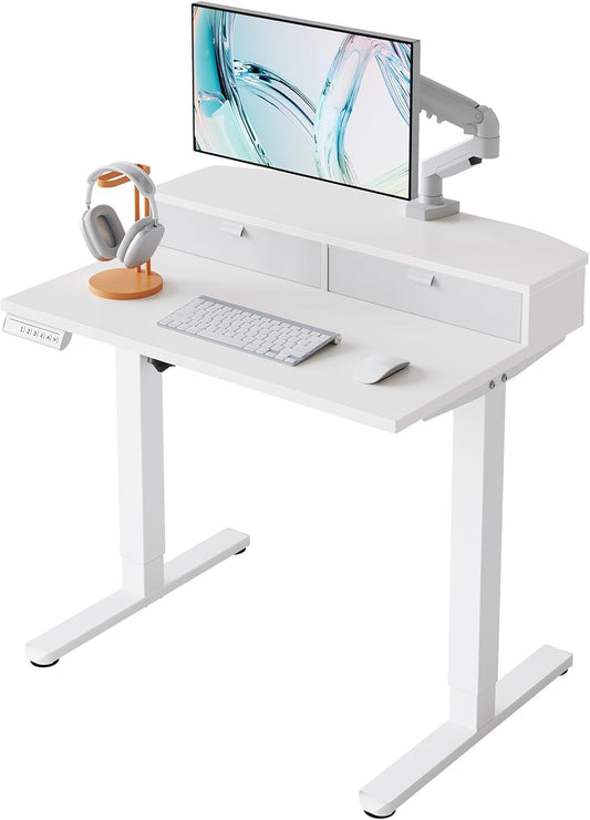 HUANUO 32 x 21 inch Small Electric Standing Desk with 2 Drawers, C-Clamp Mount Compatible, Height Adjustable Sit Stand Desk, Home Office Stand Up Desk with 4 Memory Height Settings, White