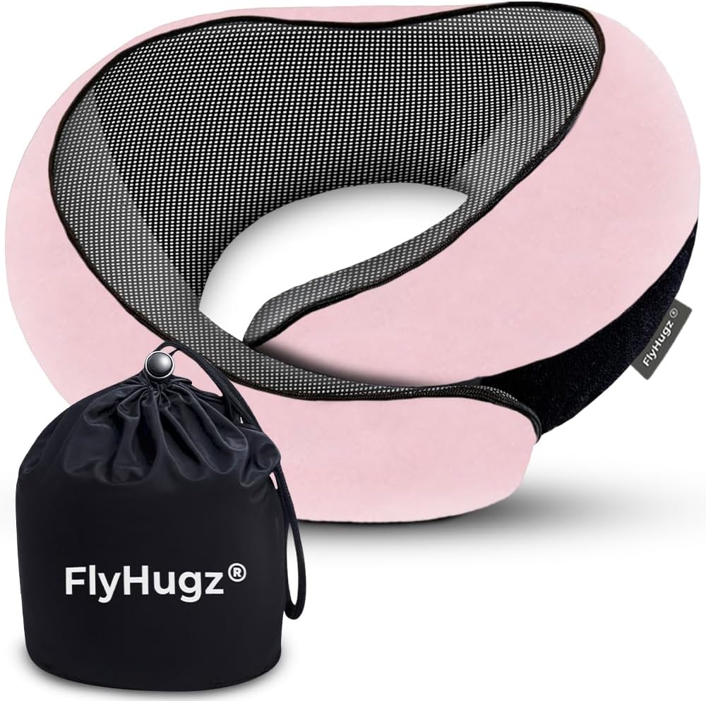 FlyHugz® Neck Travel Pillow Memory Foam Neck Pillow for Comfort on Airplane Compact and Ergonomic Design for Travel, Car Rides, and Home Use Ideal for Adults and Kids.