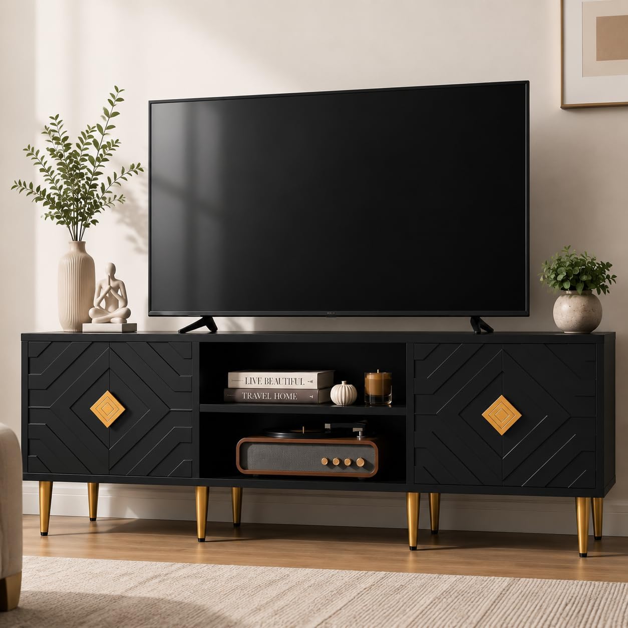 HLR 63'' White TV Stand for 65/70/75 inch TV, Entertainment Center with Storage Cabinets and Embossed Pattern Doors, Mid Century Modern Media TV Console Table for Living Room Bedroom