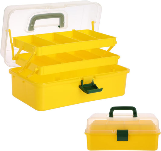 BTSKY 3-Layer Plastic Dividing Storage Box Craft Organizer with Adjustable Spacers Portable Handled Art Supply Organizer Multipurpose Home Utility Box for Sewing (Yellow+Green)