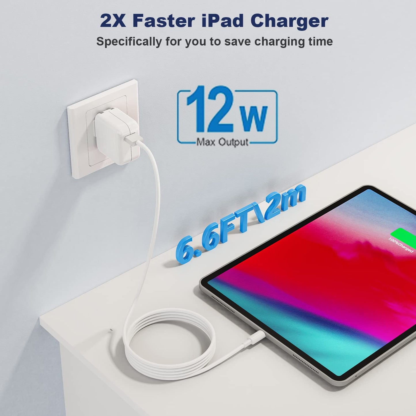 iPad iPhone Charger Fast Charging [ Apple Certified ] 2Set 6FT USB to Lightning Cable iPad Cord with 12W Foldable Block i Phone Charging Travel Wall Plug Compatible with i Pad, iPadPro, iPadAir,iPhone