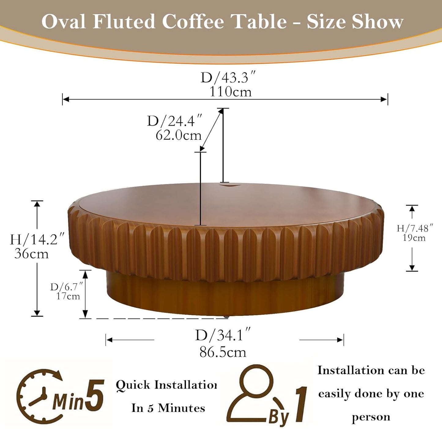 Chic Drum Coffee Table with Storage (D 43.3in) | 43.3" Rustic Oval Center Table - Solid Wood Fluted Veneer | Easy Assemble | for Living Room Apartment