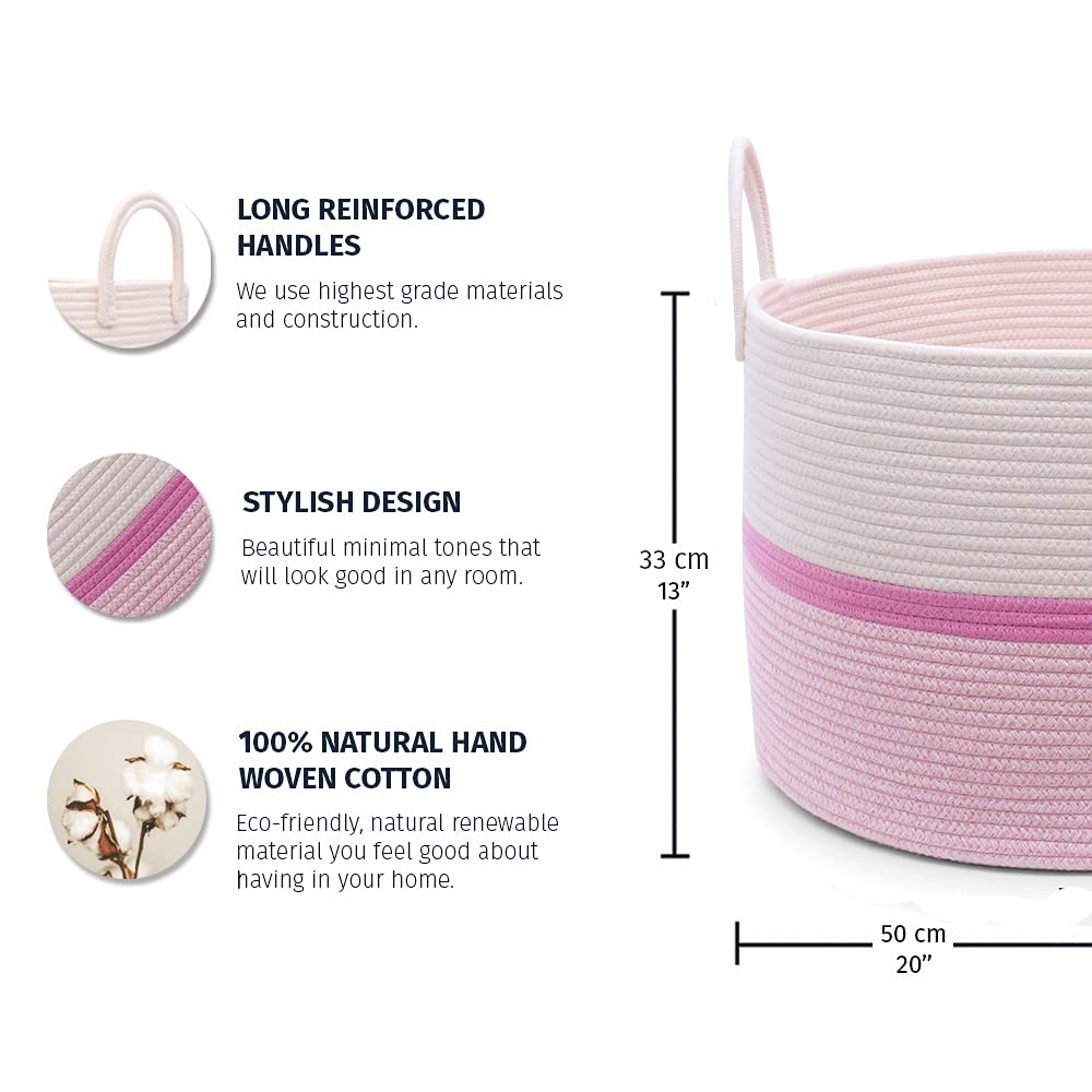 OrganiHaus Round Toy Basket & Blanket Basket, Cotton Rope 20x13" | Striped Pink - Round Cotton Rope Basket, 20x13"
