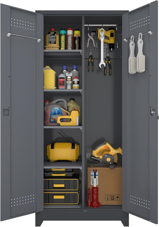 LUCYPAL Metal Storage Cabinet with Locking Doors,72.8" H Broom Closet Storage Cabinet with Shelves and Haging Rods,Garage Storage Cabinets for Kitchen,Utility Room,Grey