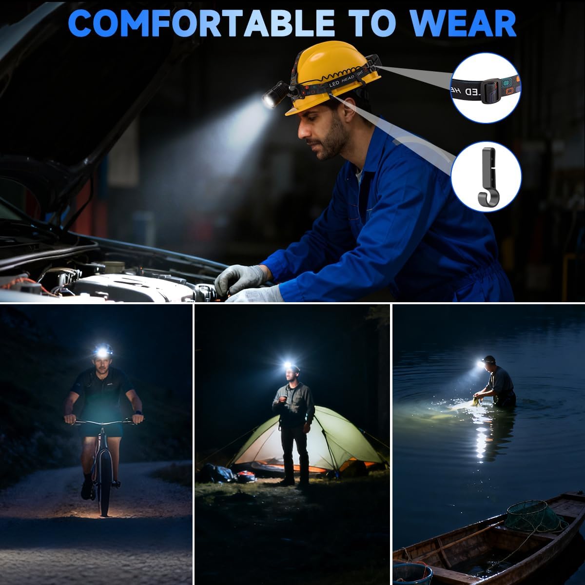 Rechargeable Headlamp High Lumen, 3000L Super Bright Head Lamp, 90° Rotatable Head Lights for Forehead, Adjustable Focus Headlight Flashlight, 4Modes LED Headlamps for Adults Hardhat Camping (2Pack)