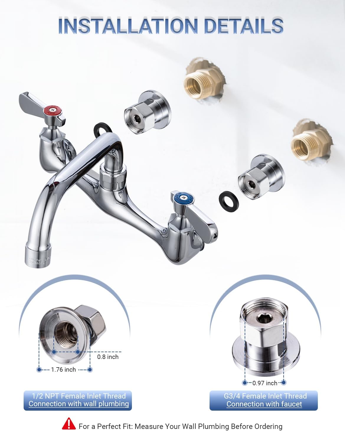 8 Inch Center Wall Mount Commercial Sink Faucet - 8" Swivel Spout Utility Faucet, Dual Handle Chrome Brass for Restaurant/Laundry/Utility Room Kitchen Sinks