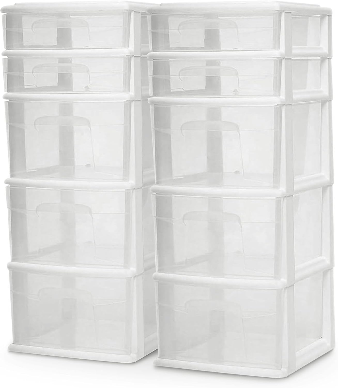 HOMZ 2-Pack Drawer Tower, 6-Tier Clear Plastic Storage Organizer Cart, White Frame - Heavy-Duty Organizing Drawers for Home, Bedroom, and Closet Organization