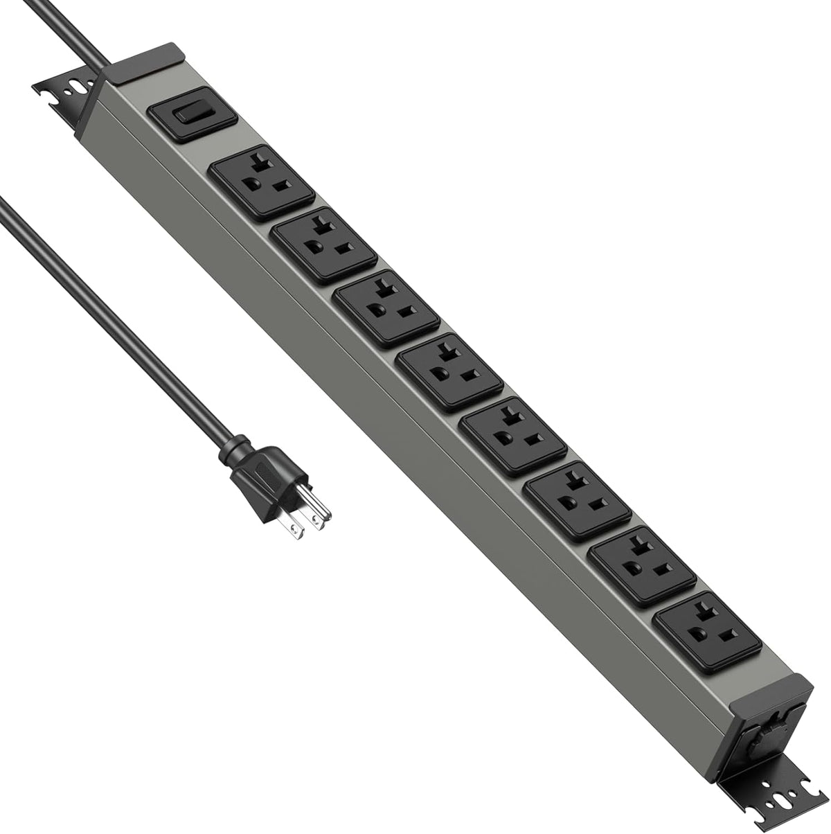 JUNNUJ Heavy Duty Power Strip Wall Mount, 20 Amp Surge Protector 1200J Metal 8 Outlet Under Desk Mounted 20A, Garage Power Table Socket Industrial Outlets 6-20R T-Slot, Black-15FT 12AWG Extension Cord