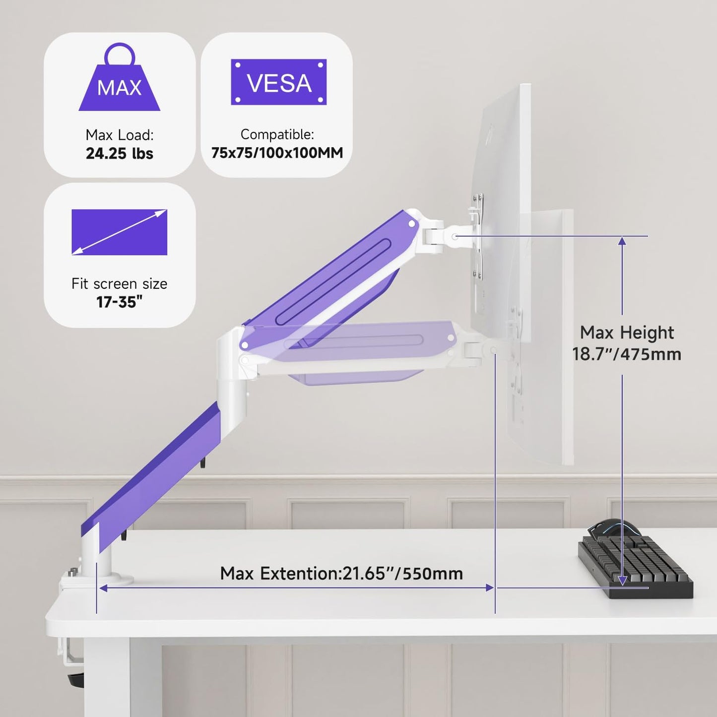 Suptek Monitor Mount Gas Spring Monitor Arm Desk Mount Fully Adjustable Fits 17 20 22 23 24 26 27 32 35 inch Monitors Weight Capacity up to 24.25 lbs (White+Purple, 17"-35")