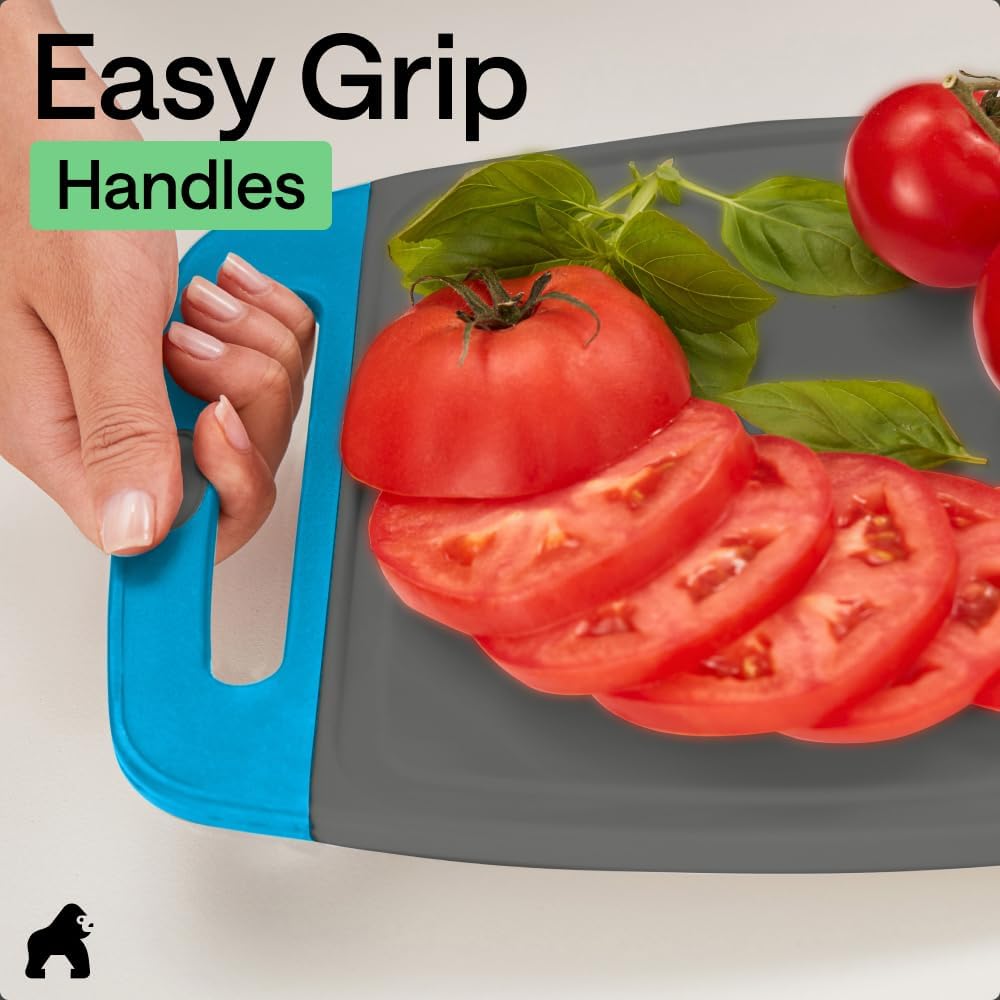 GORILLA GRIP BPA-Free Reversible Kitchen Cutting Board Set of 3, US Designed, Nonporous, Juice Grooves Catch Liquid, Slip Resistant Border, Dishwasher Safe, Durable Food Chopping Boards, Gray Aqua