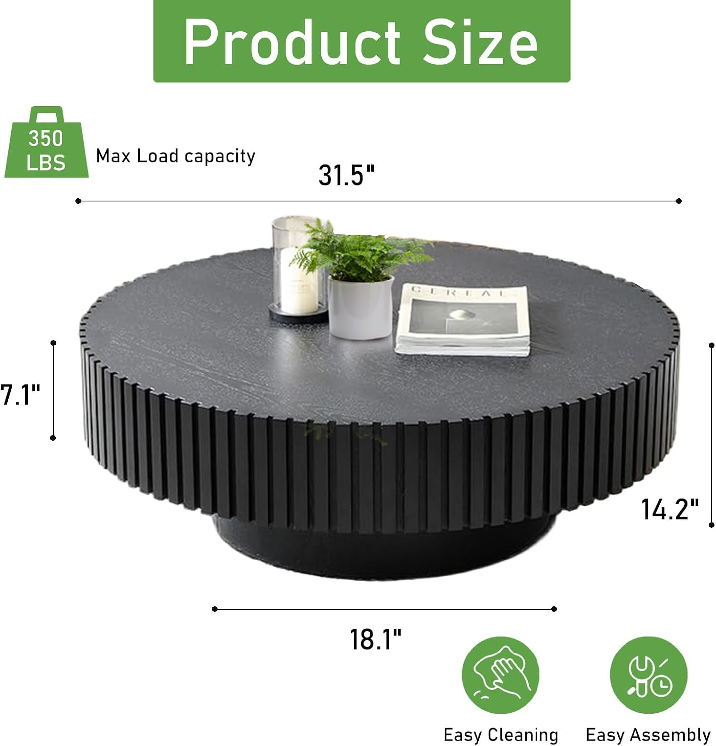 31.5'' Round Coffee Table (Round Black) | Modern Handcraft Drum Coffee Table, Unique Fluted, Wood Center Table, For Small Space, Farmhouse Apartment Office