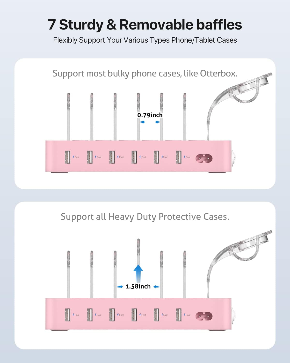 SooPii Premium 6-Port USB Charging Station Organizer for Multiple Devices | Included 6 Short Charging Cables and One Upgraded i-Watch Charger Holder for Phones,Tablets and Other Electronics, Pink