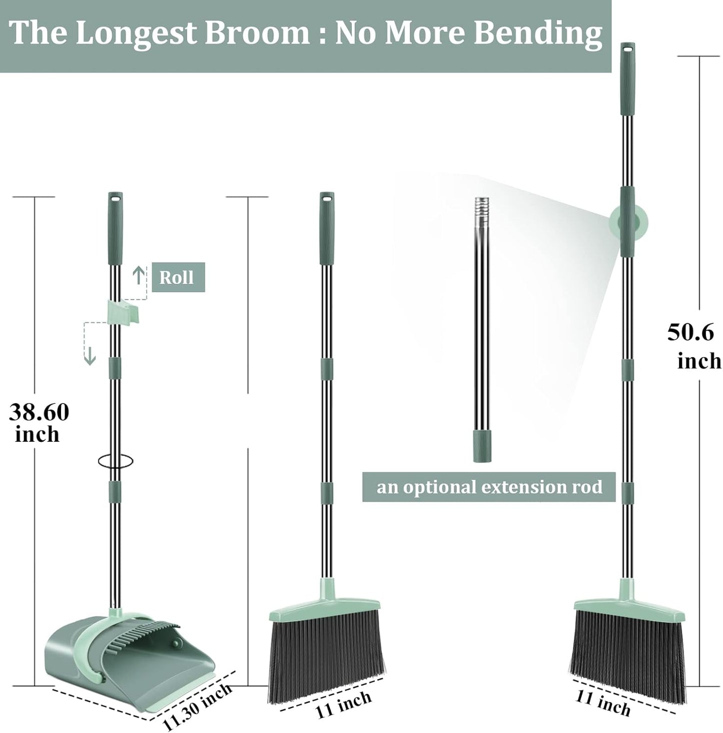 Ivandar Broom and Dustpan Set for Home, Dust pan with Long Handle, Broom with Dustpan Combo Set, for Home Kitchen Room Office Lobby Floor Use Upright Stand Up Sweeping (Gray&Green)