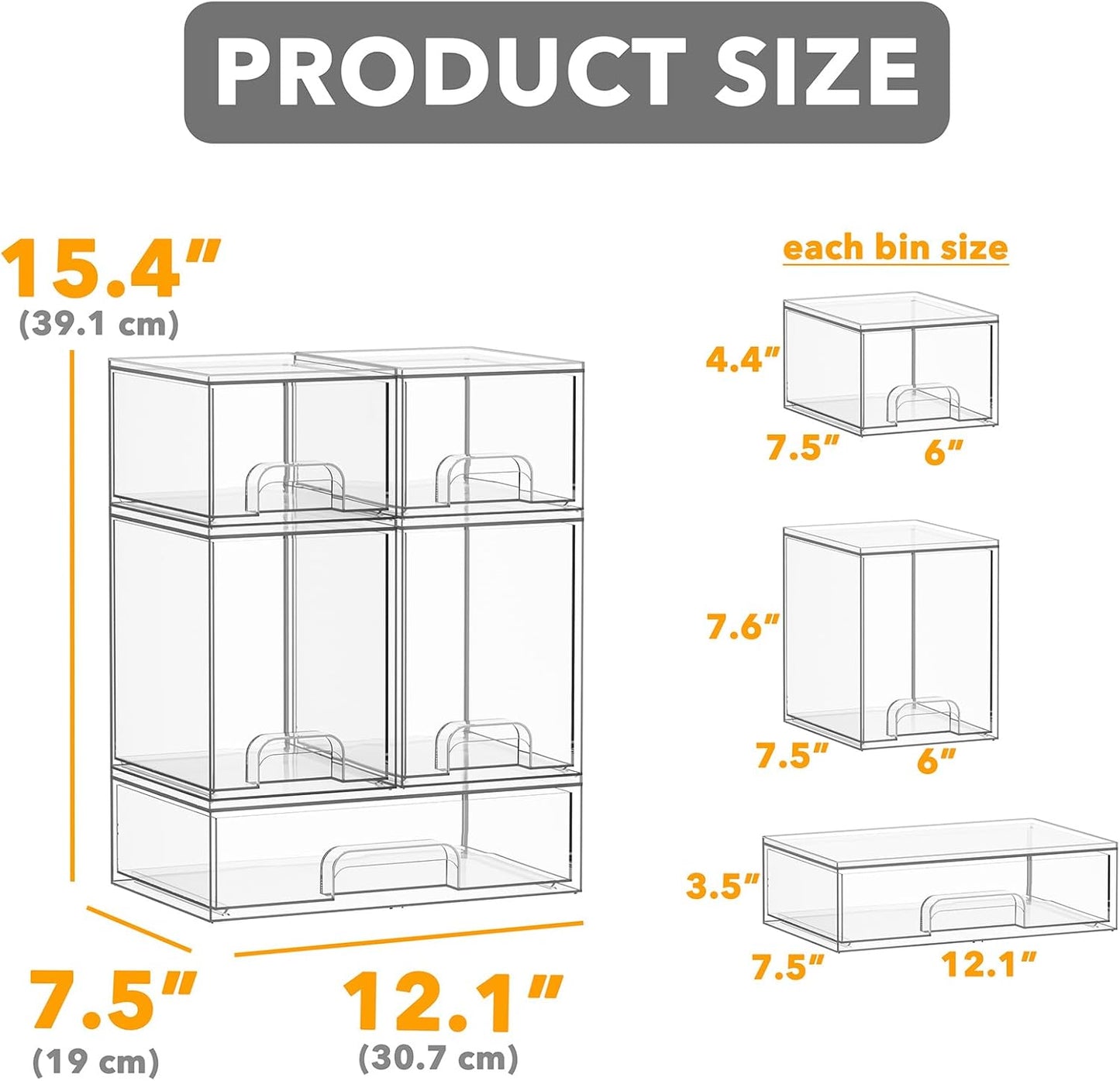 SpaceAid Bottle Storage Organizer Baby - Acrylic Bottles Station Organizer Container, Stackable Clear Drawers for Countertop, Vanity, Bathroom, Cabinet, Pantry Organization, 5 Pack, 2S2M1L, 15.4" H