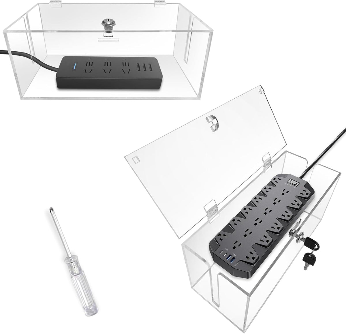 2PC Acrylic Plug Organizer Upgrade,Cable Management Box with Lock,Cable Organizer Box for Surge Protector Power Strip,TV Computer,Cable Wires of Home,Office,Child and Pet Proof