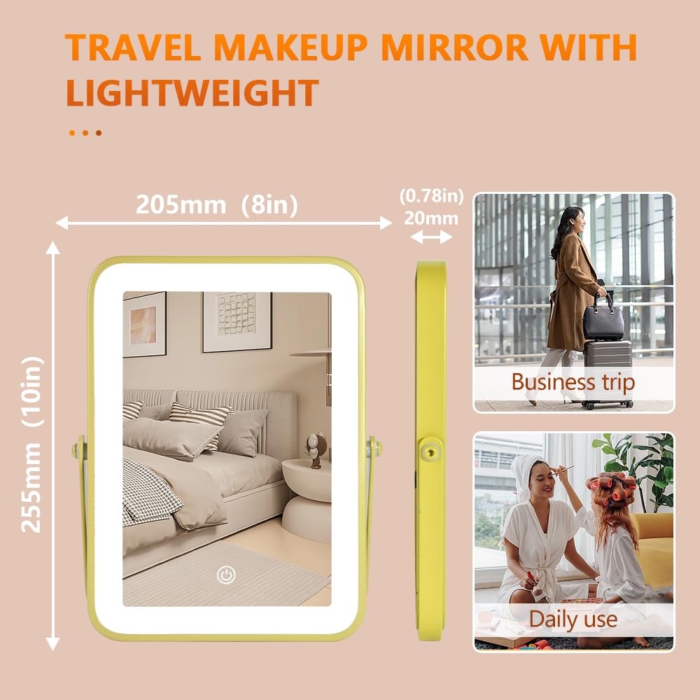 YEKKOPT Gold Rechargeable Makeup Mirror with Lights, LED Vanity Mirror, 3 Color Modes, Portable Desktop Mirror, Adjustable Brightness, Ideal for Dorm and Home Use