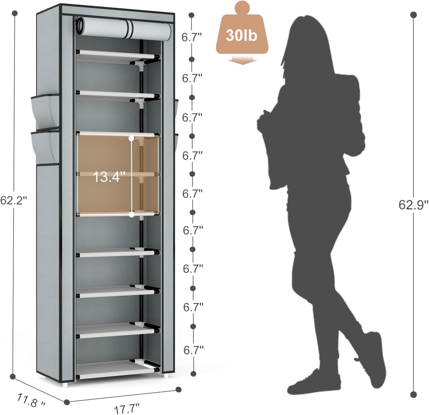 VILICK Shoe Rack with Cover Narrow Shoe Rack Organizer with 4 Side Pockets 10 Tier Tall Shoe Storage Shoe Shelf Holds 18-22 Pairs Shoes and Boots Shoe Rack for Closet, Grey