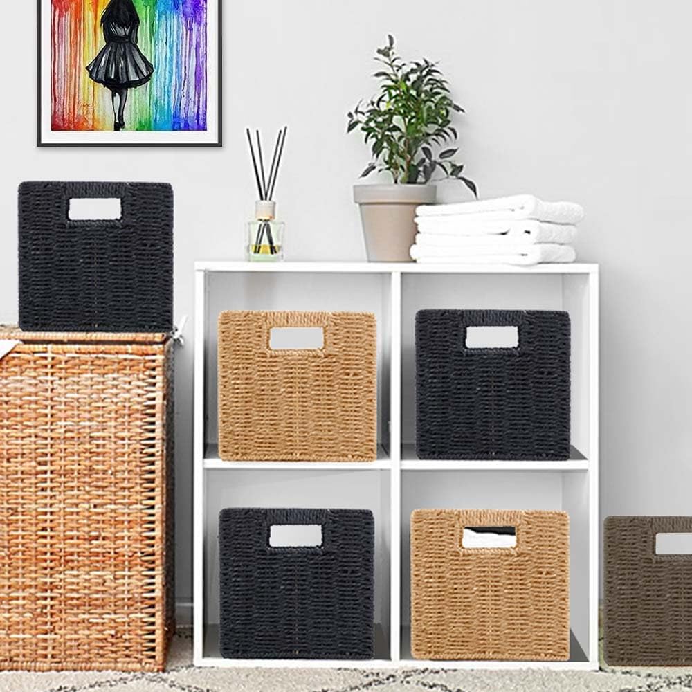 6 Pack 8.7 Inch Wicker Baskets | Hand Paper Rope, Storage Baskets,Foldable Cube Storage Bins Organizer Square Wicker Cubes for Shelves(Brown)