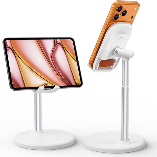 Lamicall Height Adjustable Phone Stand - White Sturdy Desktop Cell Phone Holder, Computer Office Desk Accessories for Women Kitchen Essentials, for iPhone iPad Tablet, 4-10"