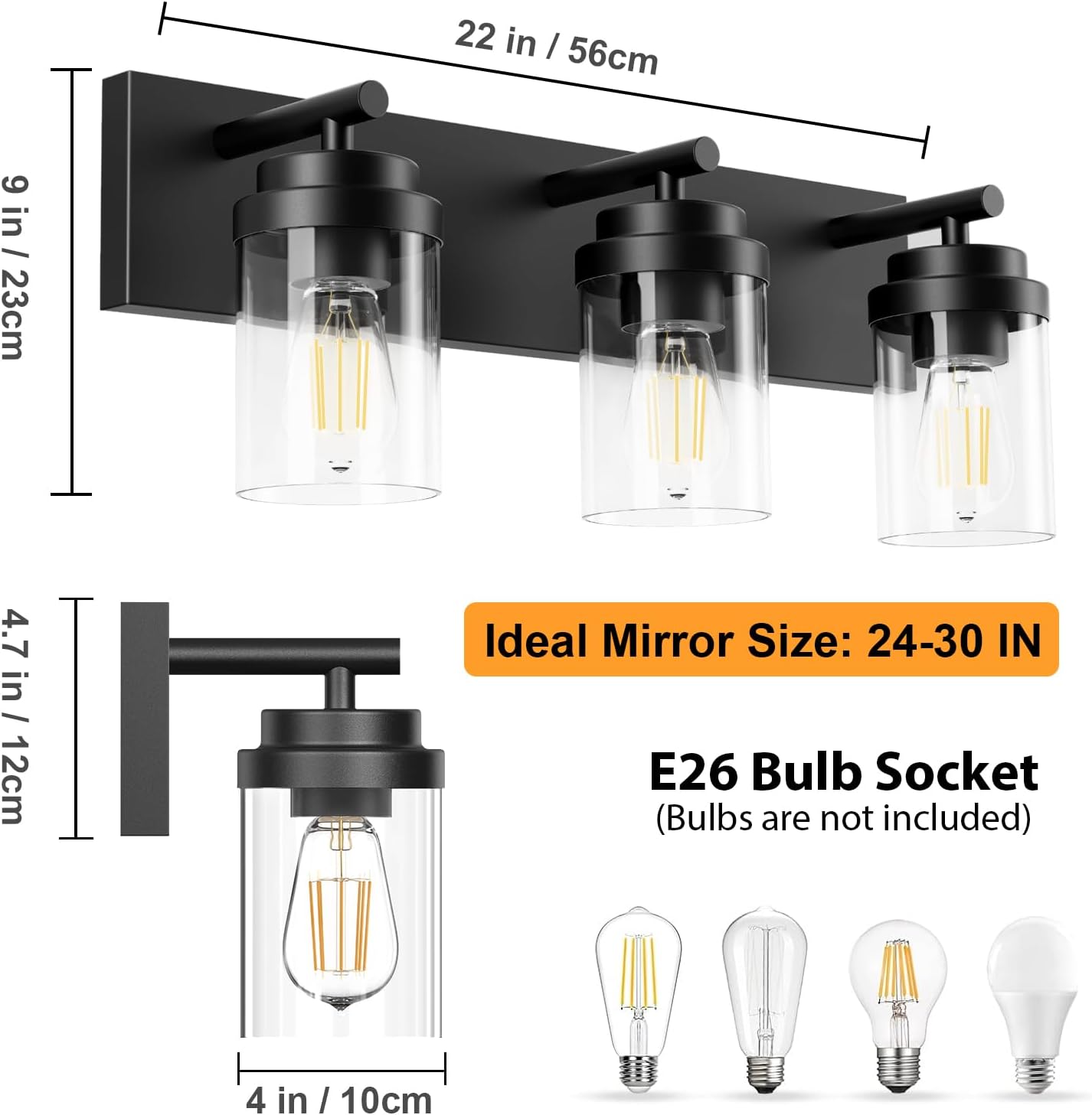IZORRO Bathroom Vanity Light Fixture, 3-Light 22 Inch Matte Black Bathroom Light Fixtures Over Mirror, with Clear Glass Shade, Modern Farmhouse Vanity Lights, Rustic Restroom Lighting Fixtures