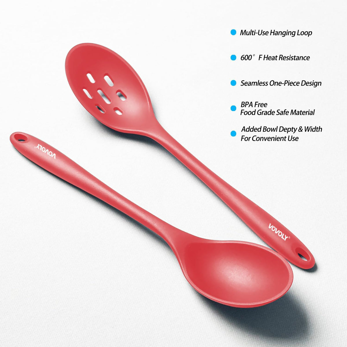 Vovoly Silicone Spoons for Cooking - Extra Large Solid & Slotted Set, Red