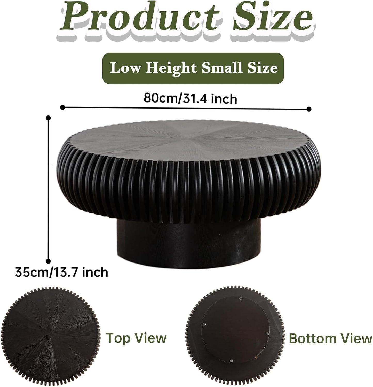 31" Black Round Drum Wood Fluted Coffee Table (E, 1PC) | For Living Room, Wooden Grooves, Circle Pedestal Center Table, Farmhouse Modern Style, For Small Spaces, Easy Assembly