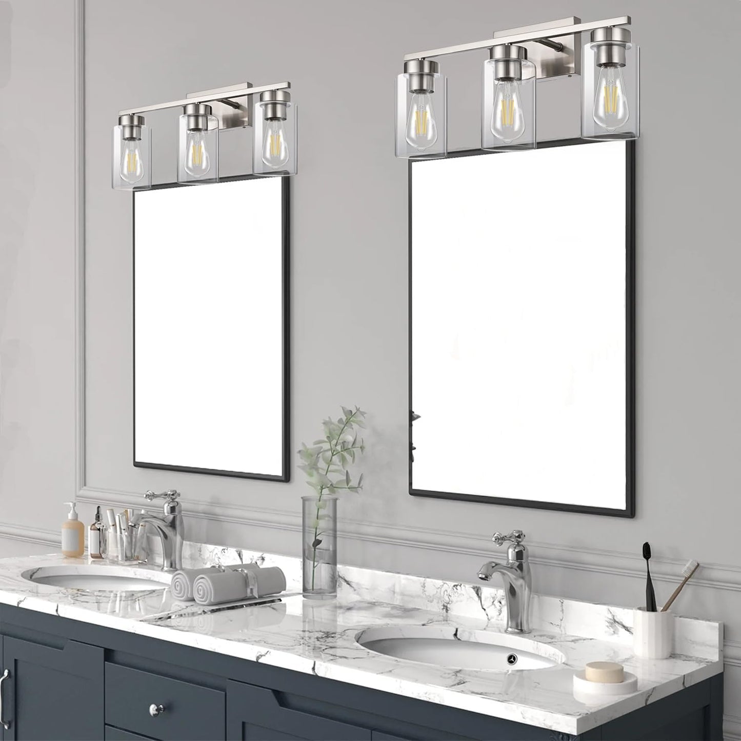 3-Light Bathroom Vanity Light, Modern Brushed Nickel Wall Lights with Clear Glass Shades, Bathroom Wall Sconce Lamp for Mirror Living Room Bedroom Hallway