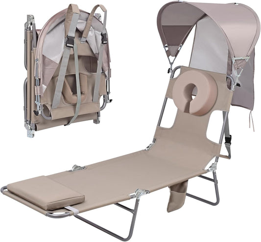 Backpack Beach Tanning Lounge Chair with Canopy Shade Face Hole Padded Adjustable Washable, 6 Position Layout Chair for Outside Sunbathing Poolside Lawn, UPF 50+ Wind-Resistant Sun Shade, Patented