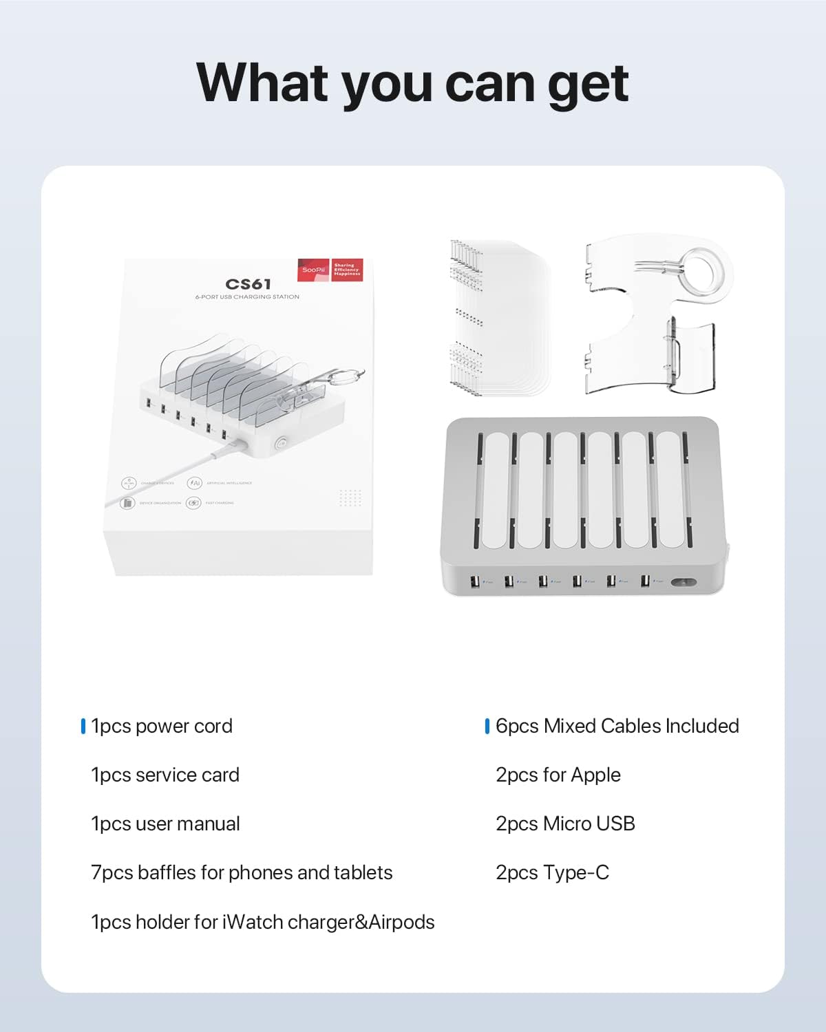 SooPii Premium 6-Port USB Charging Station Organizer for Multiple Devices | Included 6 Short Charging Cables and One Upgraded i-Watch Charger Holder for Phones,Tablets and Other Electronics, Silver