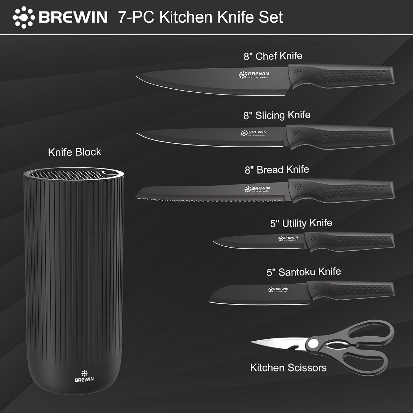 Knife Set, Brewin Kitchen Knife Set, Knives Set for Kitchen, Universal Knife Block, Utility Knife Block Set, New Home Essentials, Apartment Essentials, camping essentials, rv essentials