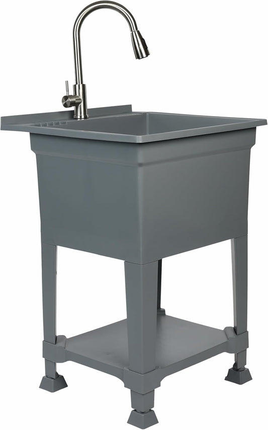 UTILITYSINKS Freestanding Utility Tub Sink with Quick Connect Drain, 24 x 24", Gray - Portable and Compact Sink with Faucet for Outdoor Kitchen, Laundry Room, Garage, and Basement