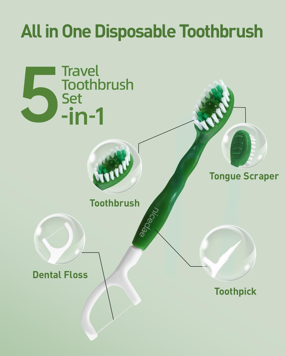 Disposable Mini Travel Toothbrush Bulk with Toothpaste 5in1 60Ct Portable Toothbrushes Set Floss Pick Tongue Scraper Cruise and Travel Essentials (Green)