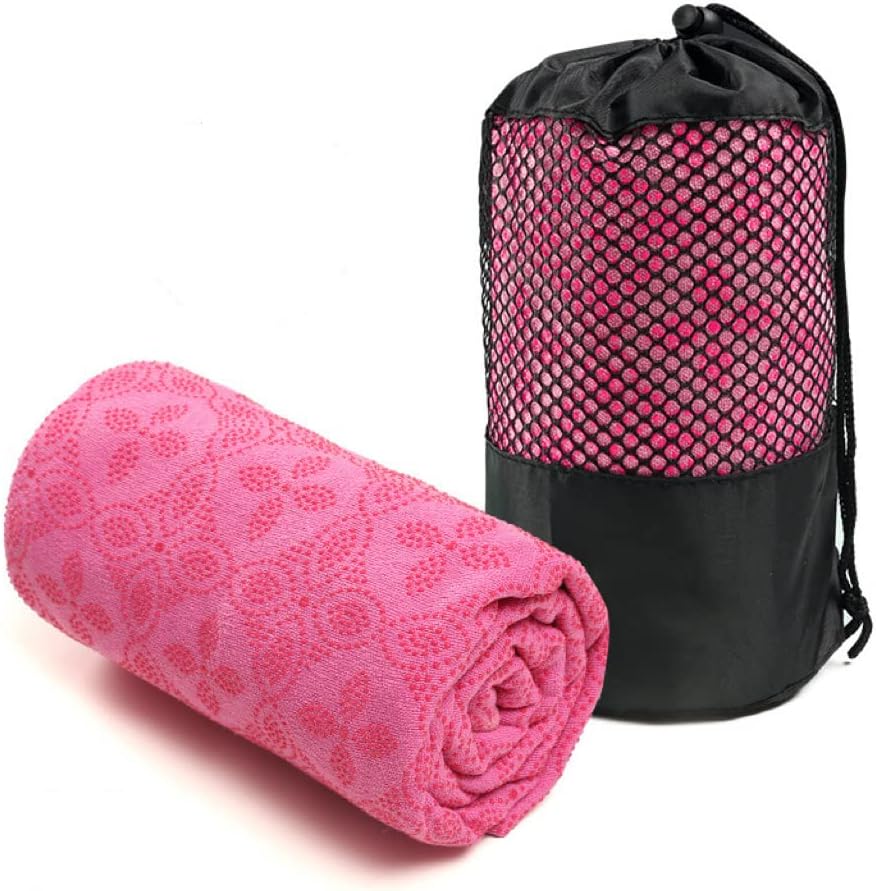 Yoga Towel, Hot Yoga Mat Towel - Sweat Absorbing Non-Slip for Hot Yoga, Pilates and Workout, 24x72 inches with Upgraded Clover-Shaped Grip Dots (Pink 2)