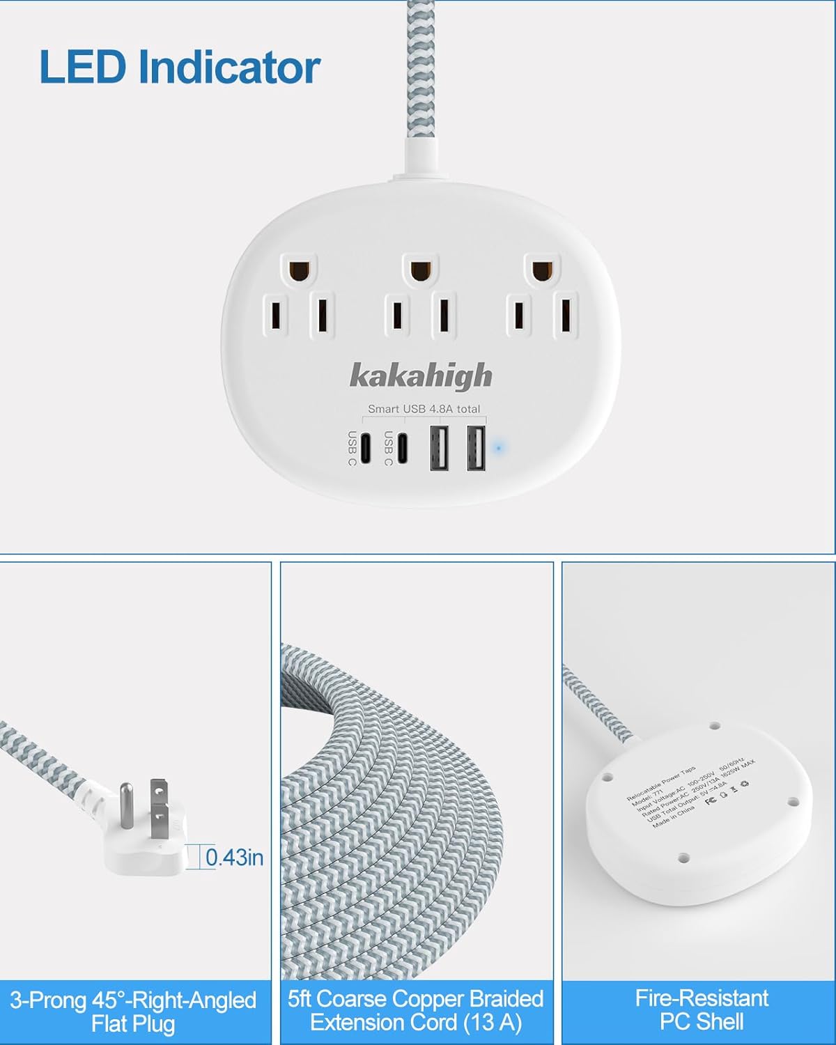 Small Extension Cord with USB C - 5 FT Short Extension Cord, 1625W 3 Prong Power Strip with 3 AC Outlet 4 USB (24W/4.8A), Bedside Charging Station for Home Office Dorm Room Essentials