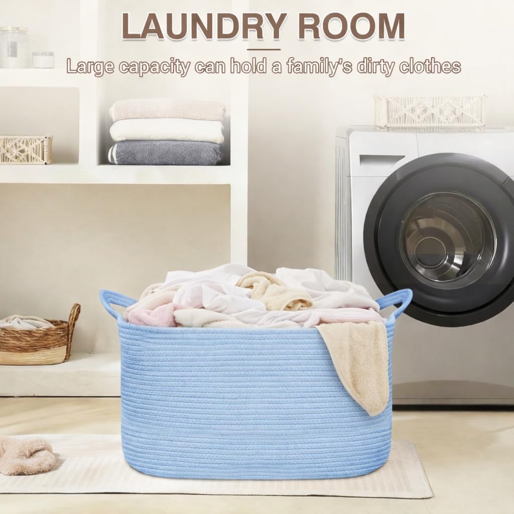 YOUDENOVA Large Blanket Basket, Rectangle Cotton Rope Storage Baske | 21.6''×14.9''×11.8'' Nursery Laundry Hamper for Storage Clothes Organizing, Woven Basket, Dirty Clothes Organizer Bins