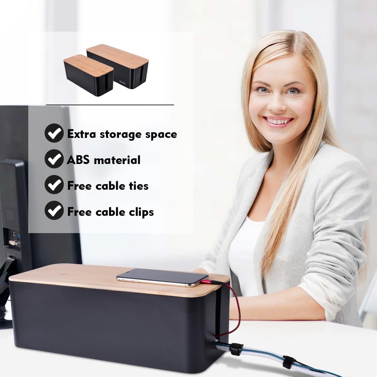 2Pack Cable Management Box,Wooden Style Cord Organizer Cord Hide Box