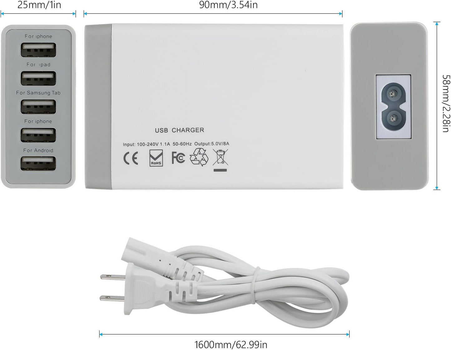 Desktop 5 Port USB Wall Charger 40W 8A, USB Hub Charging Station | Pezin & Hulin Protable Multi Port USB Charger for Multiple Devices, for Cell Phone, Tablet, Android Smart Phone and More