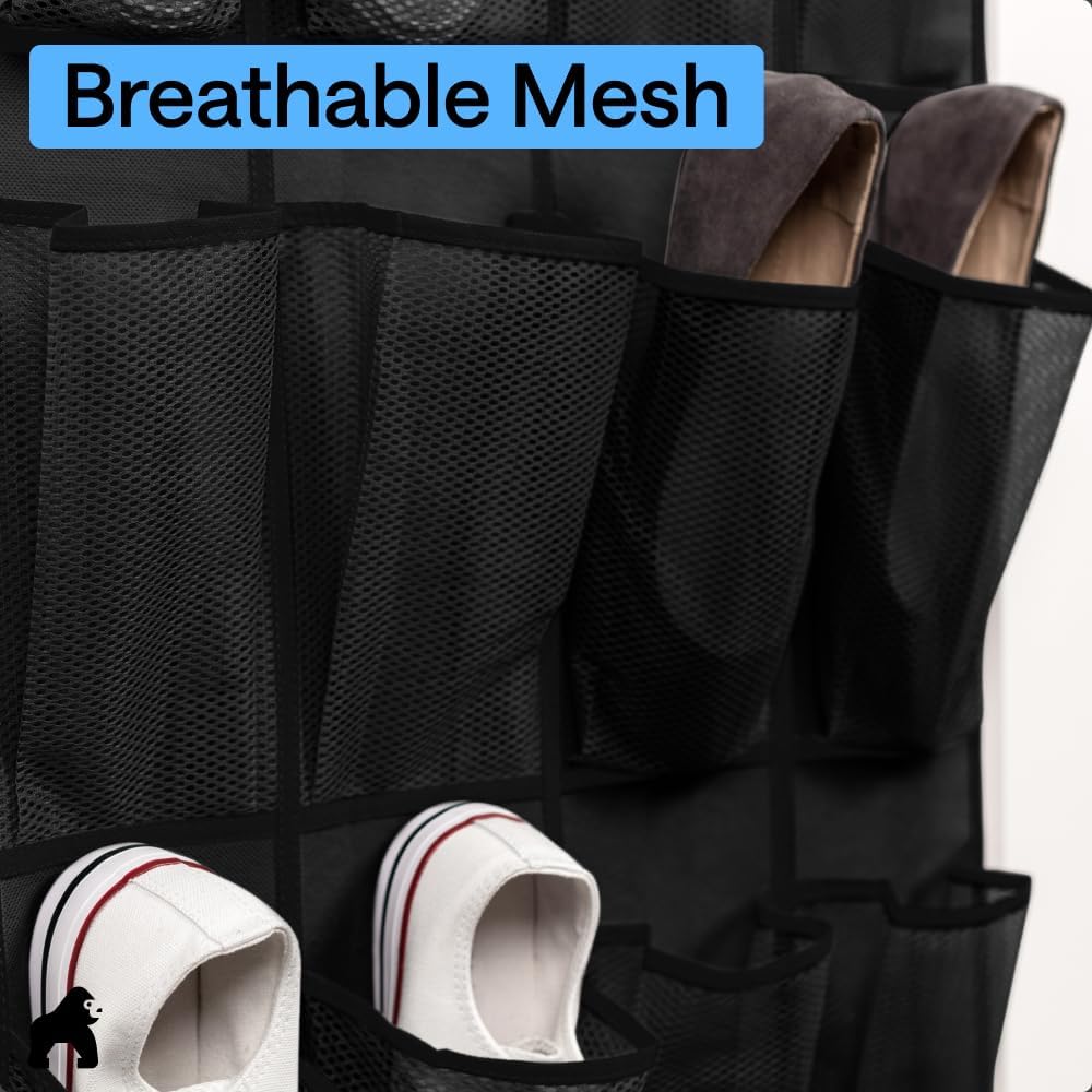 GORILLA GRIP Over the Door Shoe Organizer, 24 Large Breathable Mesh Pockets, Space Saving Hanging Storage Holder, Closet Rack Hanger Holds Up to 40 lbs, Hangs on Closets for Shoes, Accessories, Black